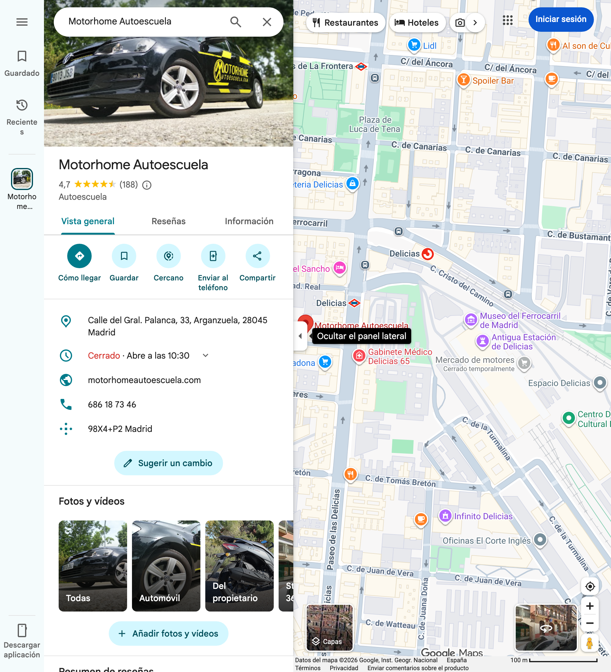Ficha de Google de Motorhome Autoescuela: 4,7 estrellas y 188 reseñas
